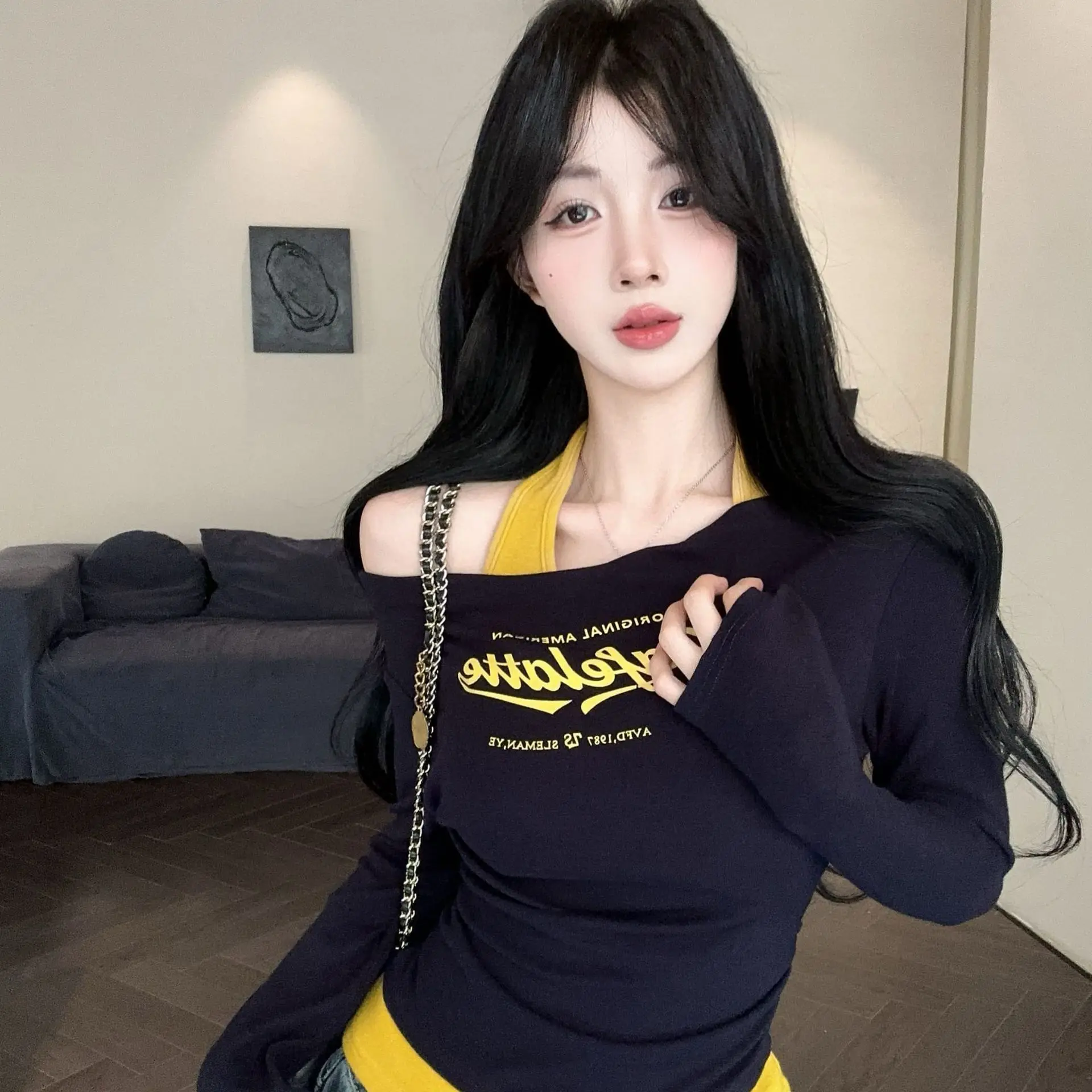 Spring and Autumn Women's Clothing New Contrasting Color Slim-fit Neck Letter Printing Shoulder Long Sleeve T-Shirt