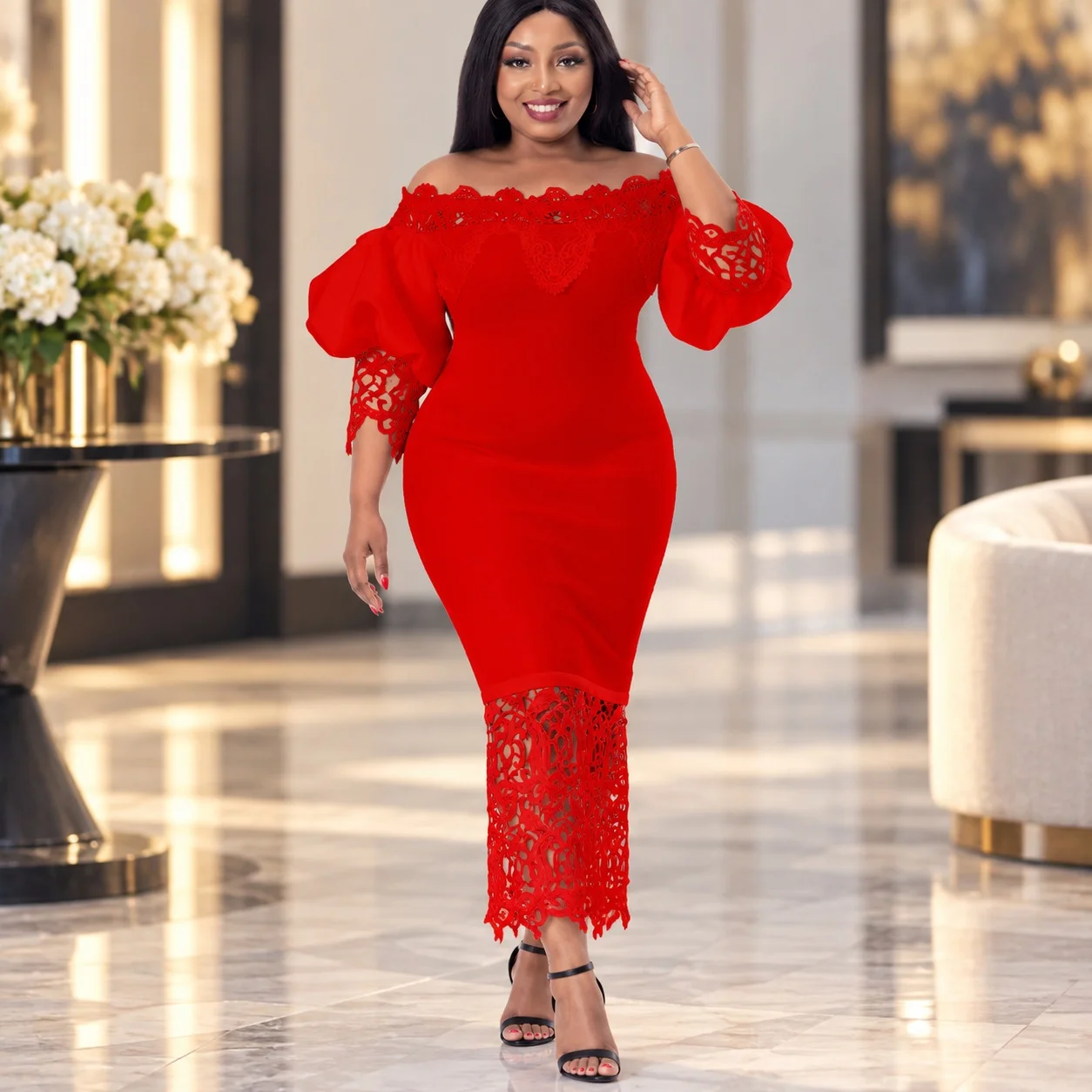 Patchwork Cap Sleeve Gown High Waist Elegant Office with Pencil Lantern Sleeve Commuter Chic Midi Dress Summer for Women