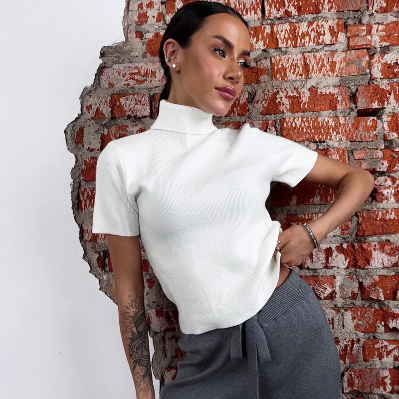 

Talenza White Turtleneck Sweater Female Summer Fashion Knitted Short Sleeve Top Casual Commuting Streetwear Chic Women Pullovers