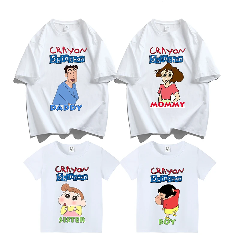 Crayon Shin-chan T-shirt Men Women Anime Cartoon Couple Short Sleeved Shirt Kids Summer Cotton Top Adult Clothes Birthday Gift