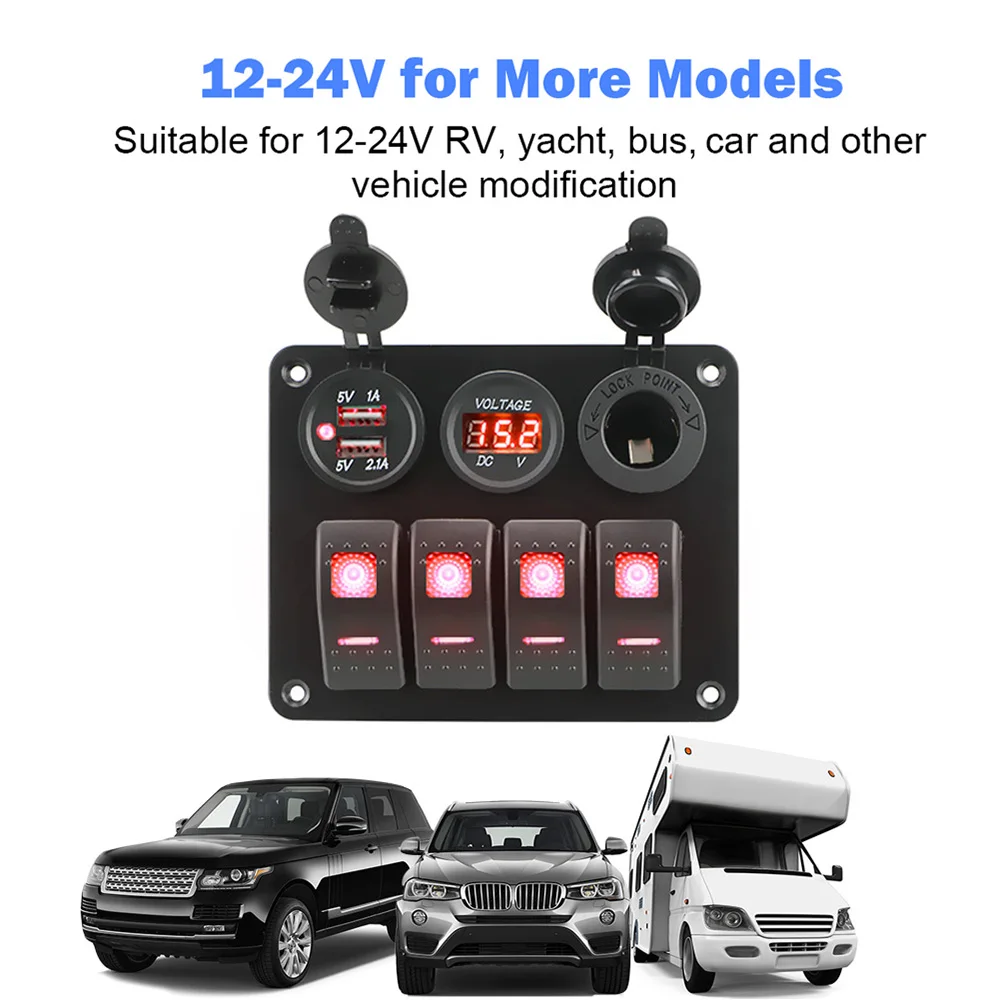 4-Gang-Schalttafel für Auto, Wohnmobil, Wohnwagen, Dual-USB-Anschluss, digitales Voltmeter, Leistungsschalter, LED-Wippe, Aluminium-Panel – Detail 10