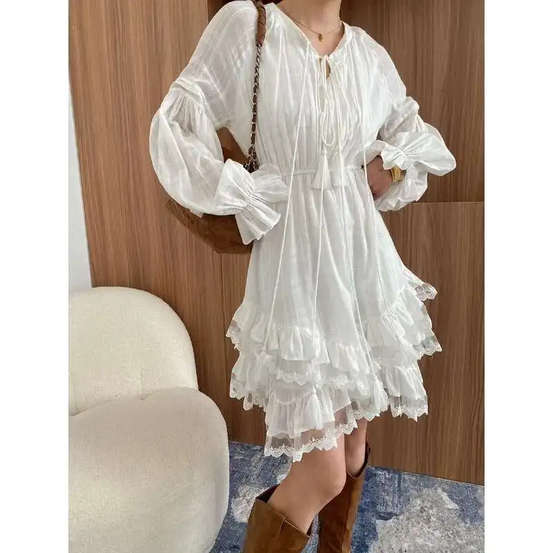 

Women Lace Ruffle Irregular Dress Summer Bohemia Lace-up Lantern Sleeve High Waist A-line Mini Dresses