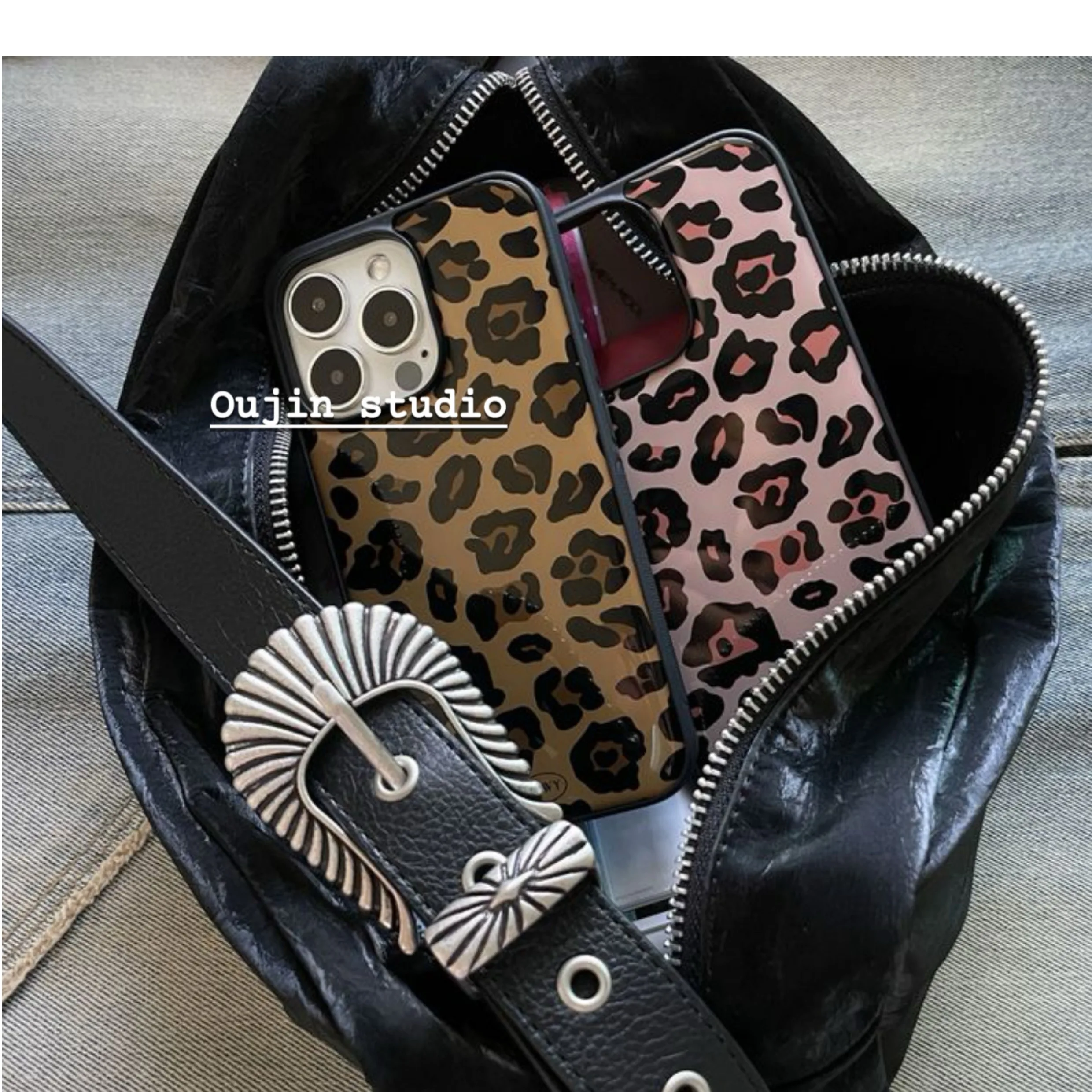 Korean  Stylish Leopard Print Phone Case iphone16pro/15Pro Max/14Pro Apple 13 Drop-Resistant Black Edge Phone Case for Girls