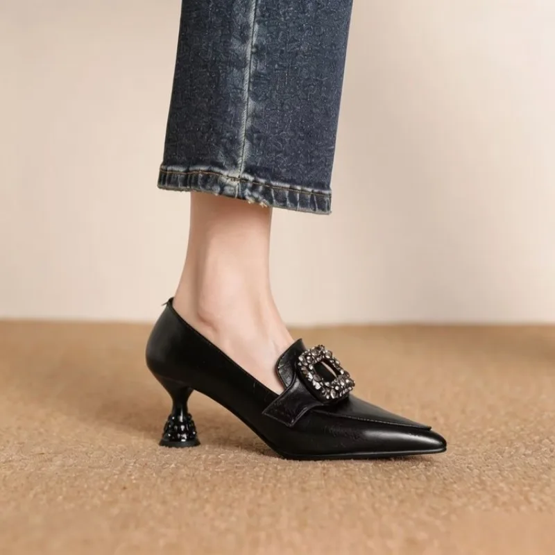 Pointed Toe High Heels Soft Surface Fashionable All Season Women's Shoes Diamond Embellished Buckle Comfortable Lightweight