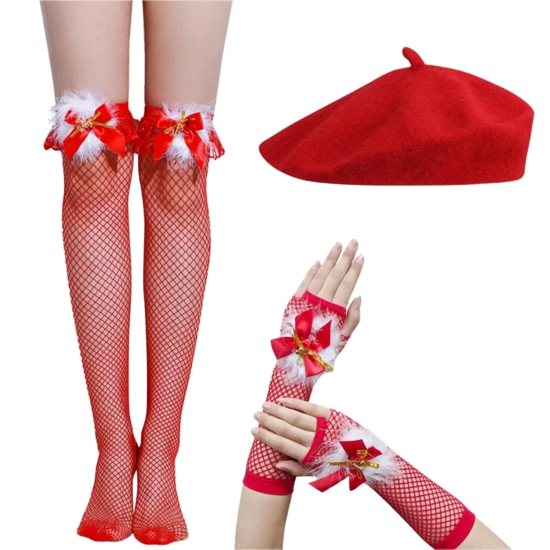 Cosplay Hat Mesh Stocking Gloves for Adults Teenagers Woman Cosplay Christmas Hat for New Year Holiday Party Hat