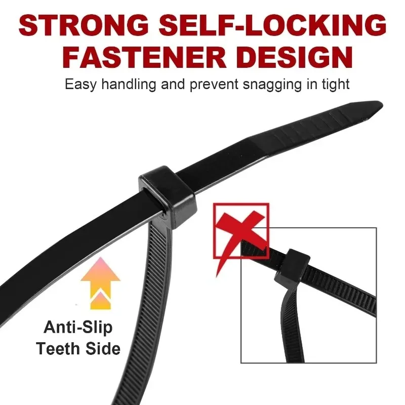 Black Cable Ties Nylon Adjustable Self-locking Fastening Rings Zip Tie Cable Wires Fixing Ties for Home Offices Industrial