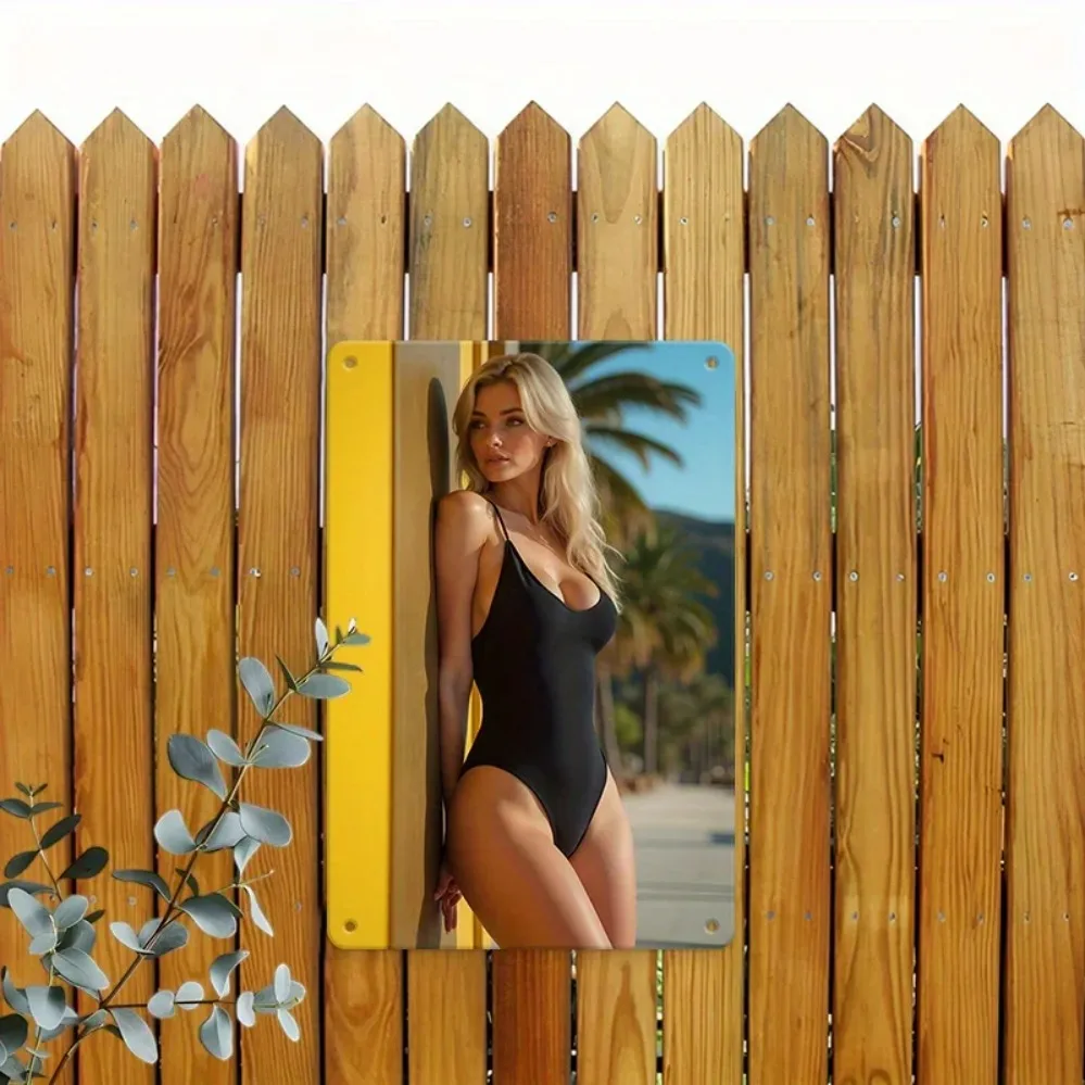 Vintage Glamorous Blonde Woman Metal Tin Sign - Retro Summer Beach Girl in Black Spaghetti Strap One-Piece Swimsuit, Posing Agai