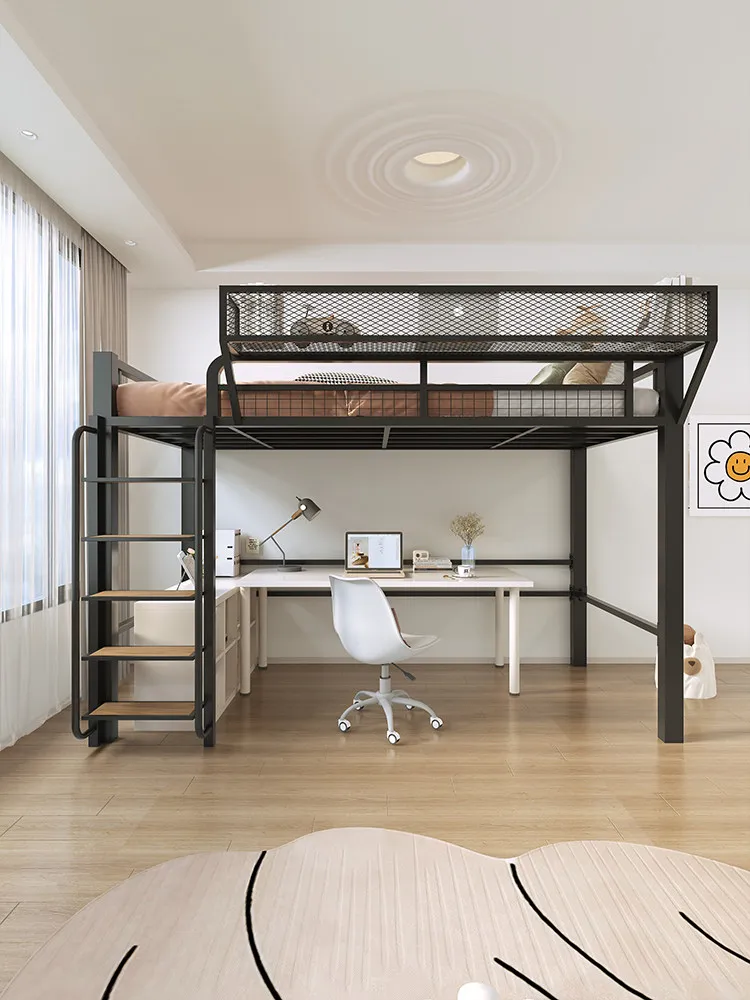 Wrought iron elevated bed sheet upper level duplex second floor bed space saving lower table split level high and low bed st