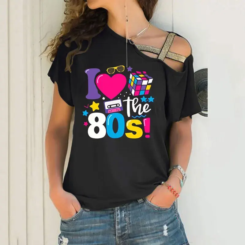 I Love The 80 T Shirt for Women Party Funny Vintage T Shirts Best Gift Tops & Tees Irregular Skew Cross Bandage Casual Tops