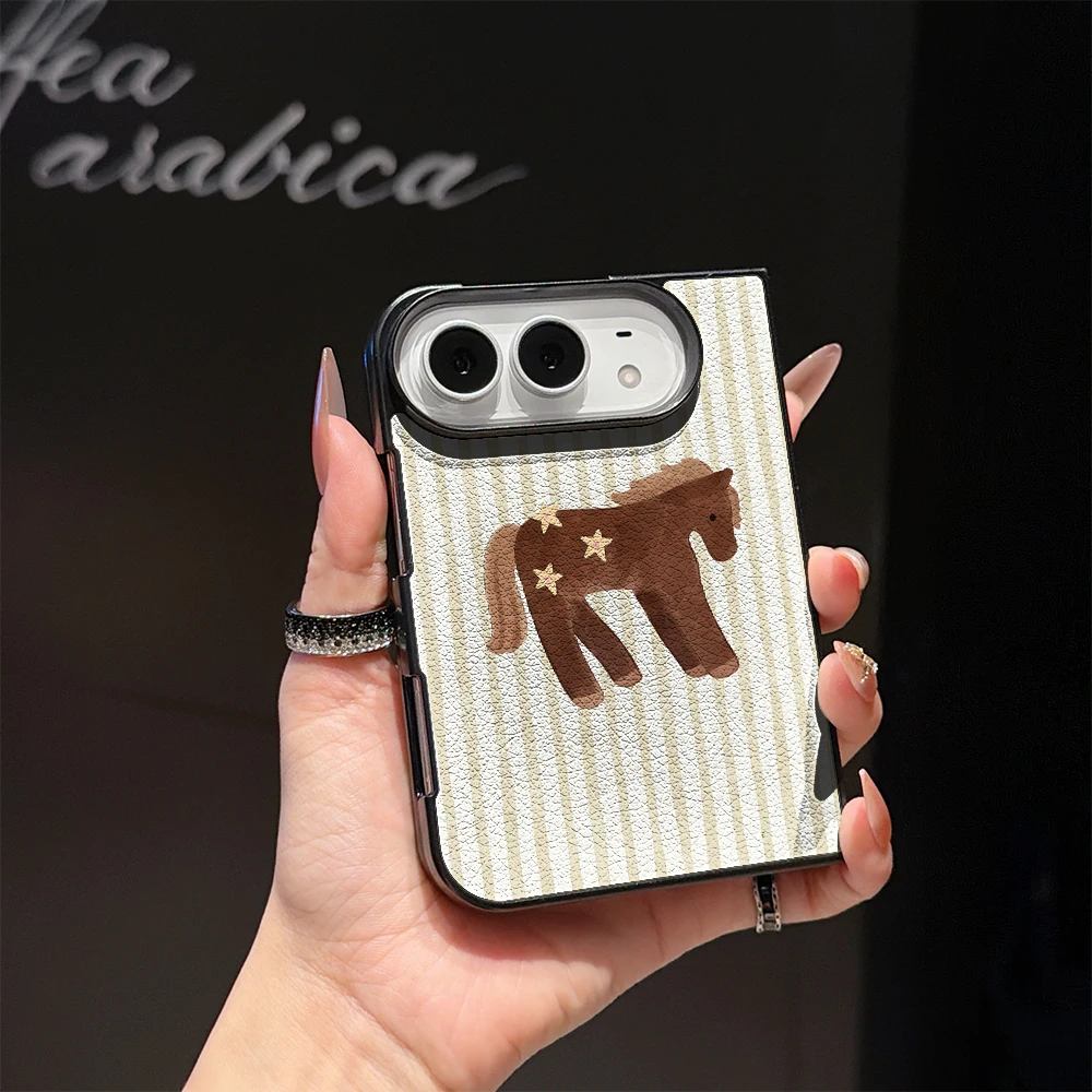Pirve Brown Star Horse Phone Case For IPhone Duo For IPhone 18 Premium PU Leather Shockproof Protective Fold Cover