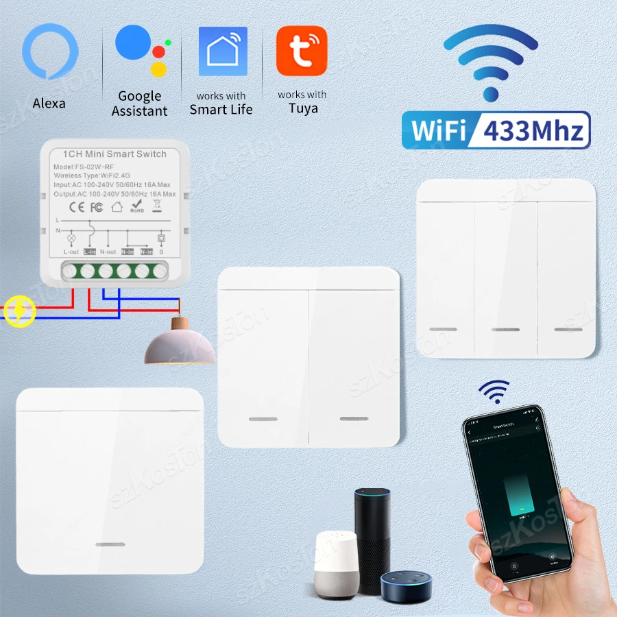 Wireless ON OFF Tuya WiFi RF433 Smart Switch Mini DIY Light Switches 1/2/3 Gang Wall Switch For Alexa Google Voice Control