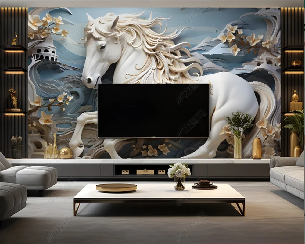 

Beibehang индивидуальный современный новый стиль лошади рельеф белый лошадь камень ТВ фон с обоями из нескольких материалов