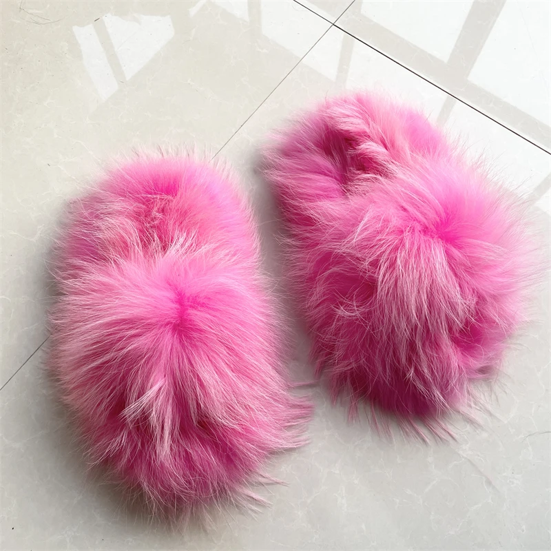 PVC Real Fluffy Raccoon Brown Multicolour Teddy Fur Slides 2.0 Fox Fur Slippers Y2k Cover Toes