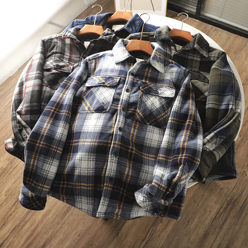 KIDWHXR Autumn Winter Men Fleece Shirt Jackets Thickened Long Sleeve Shirts Man Vintage Plaid Loose Casual Male Shirt Coats
