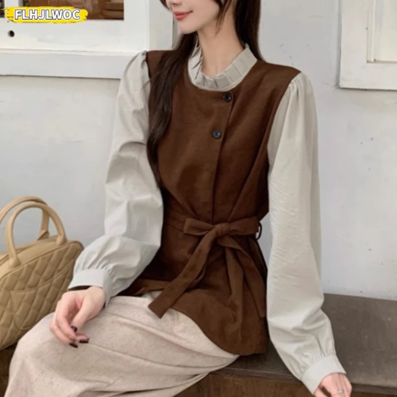 

Faux Two-piece Shirt 2025 Autumn Winter Basics Shirts Woman Cute Girls New Design Woolen Blend Patchwork Long-Sleeve Peplum Top