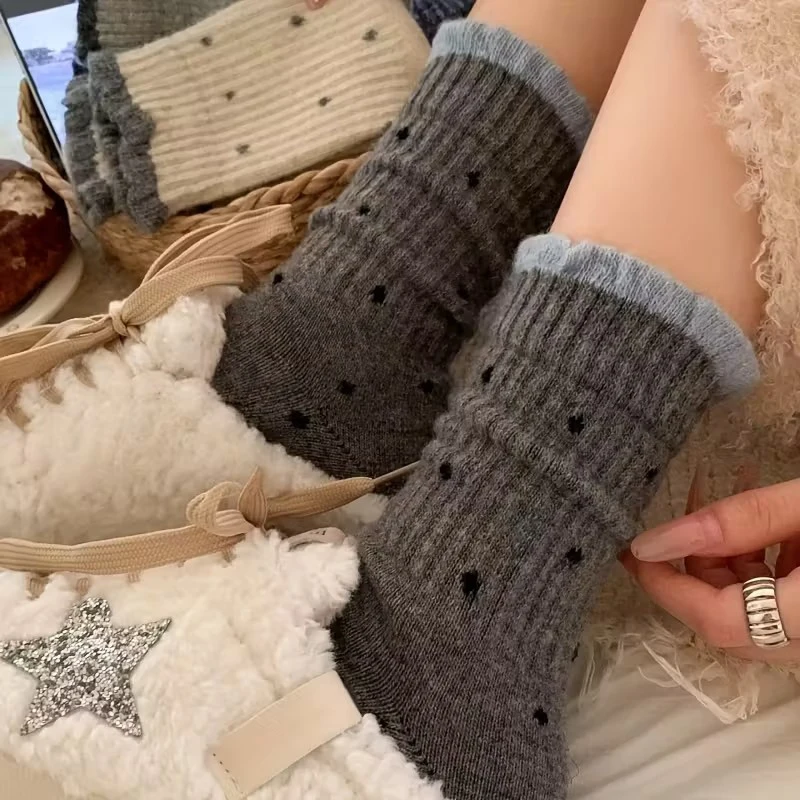 5 أزواج من الجوارب النسائية للخريف/الشتاء منقط لمنتصف الساق، جوارب عصرية متعددة الاستخدامات من الدانتيل الناعم على طراز الدوبامين #6