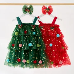 Toddler Baby Little Girl Christmas Sleeveless Dress Star Sequin Layered Tutu Tulle Dress Kids Girls Cake Smash Xmas Tree Dresses