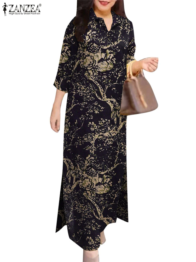 ZANZEA Vintage jesienna sukienka letnia moda OL praca Vestido eleganckie sukienki imprezowe damskie z klapami 3/4 rękaw sukienka z kwiatowym nadrukiem — zdjęcie 6