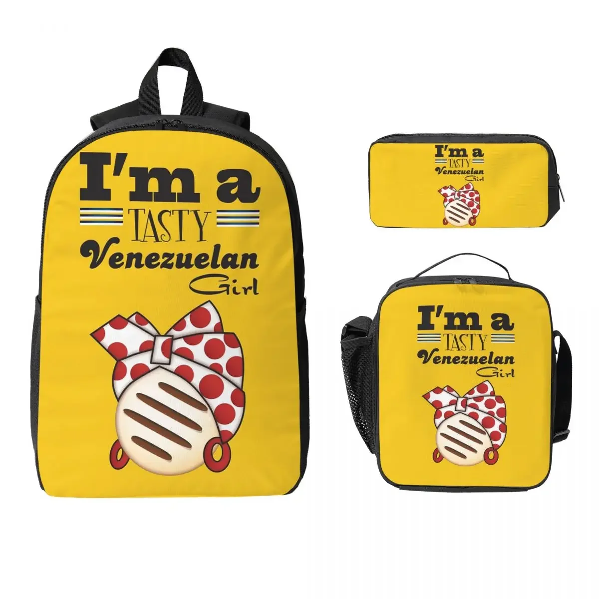 Arepa Venezuela Im A Tasty Venezuelan Girl Backpack BookBag School Bag Laptop Shoulder Bags 3ps Insulated Lunch Bag Pencil Case