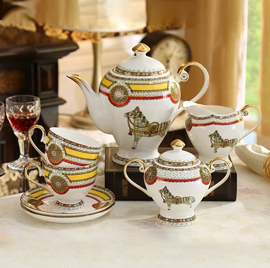 Red War Horse 58 Head European Bone China Coffee Tableware Set Coffee Cup Saucer Set