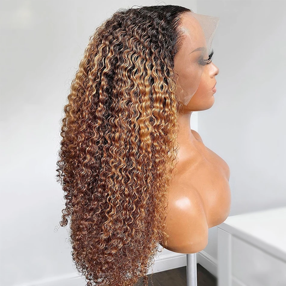 Ombre Blond Zacht 26Inch 180 Dichtheid Lange Kinky Krullend Kant Pruik Voor Vrouwen Babyhaar Hittebestendig Lijmloze Pretokkelde Dagelijks