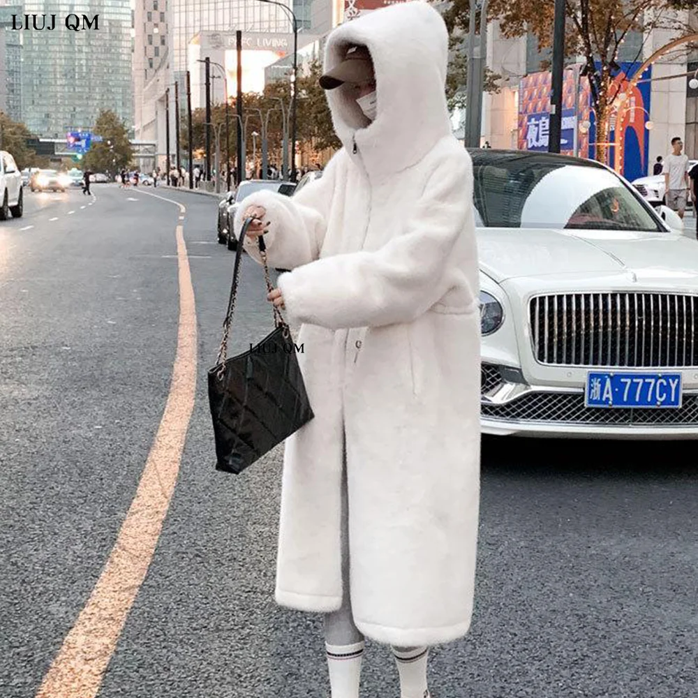 Winter Clothes Women Long Faux Fur Coat Blue Color Drawstring Waist Warm Hooded Casual Parka Oversized Fur Jacket Loose Outwear