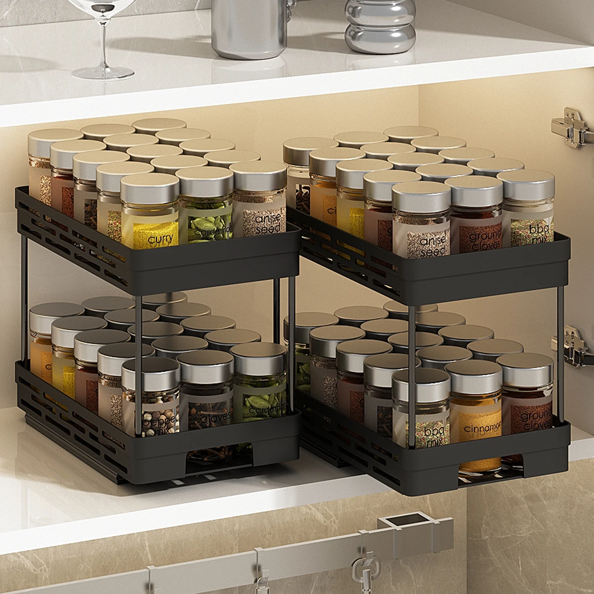 WORTHBUY 2 Tier Pull Out Plastic Storage Rack Large Capacity Kitchen Cabinet Storage Organizer Drawer Spice Jar Storage Shelves