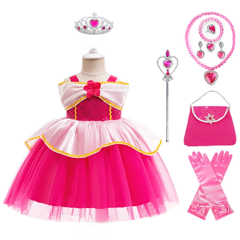 Girl Sleeping Beauty Princess Dress Crown Magic Wand Bag Glove Necklace Bracelet Ring Earring Set Princess Party Cosplay Costume