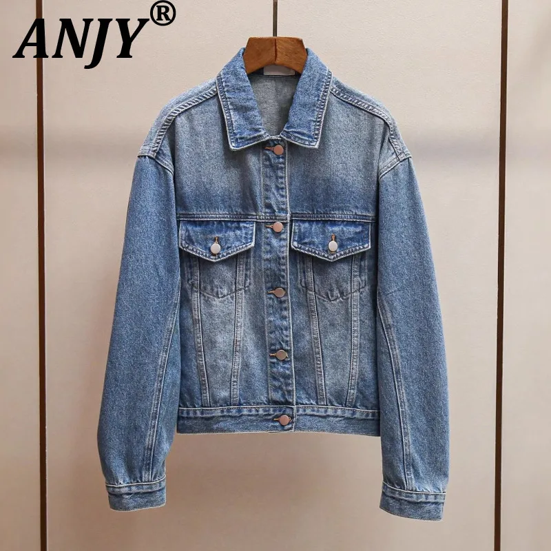 

ANJY Autumn New Women High-End Office Lady Fashion Washed Vintage Soft Denim Jacket Trendy Single Breasted Versatile Coat A10697