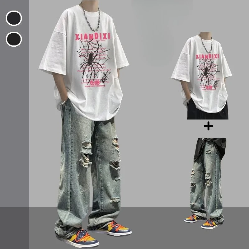 مجموعة تي شيرت Marvel Spiderman Boys Summer Fashion Trends Cartoon Anime Pattern Soft Casual Loose Jeans متعددة الاستخدامات بأكمام قصيرة