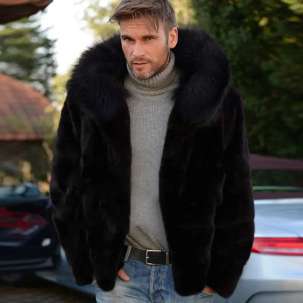 Men\'s Faux Fox Fur Coat Autumn Winter Men Fashion Long Sleeve Warm Hooded Faux Fur Black Casual Men Jackets Cardigan Coat