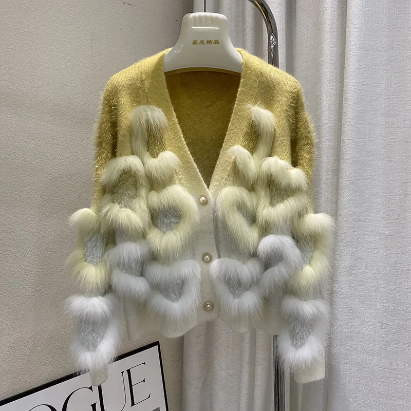 Moda elegante socialite pelliccia impiombata cardigan lavorato a maglia scollo a V manica lunga monopetto vera pelliccia di volpe cappotti giacca invernale da donna