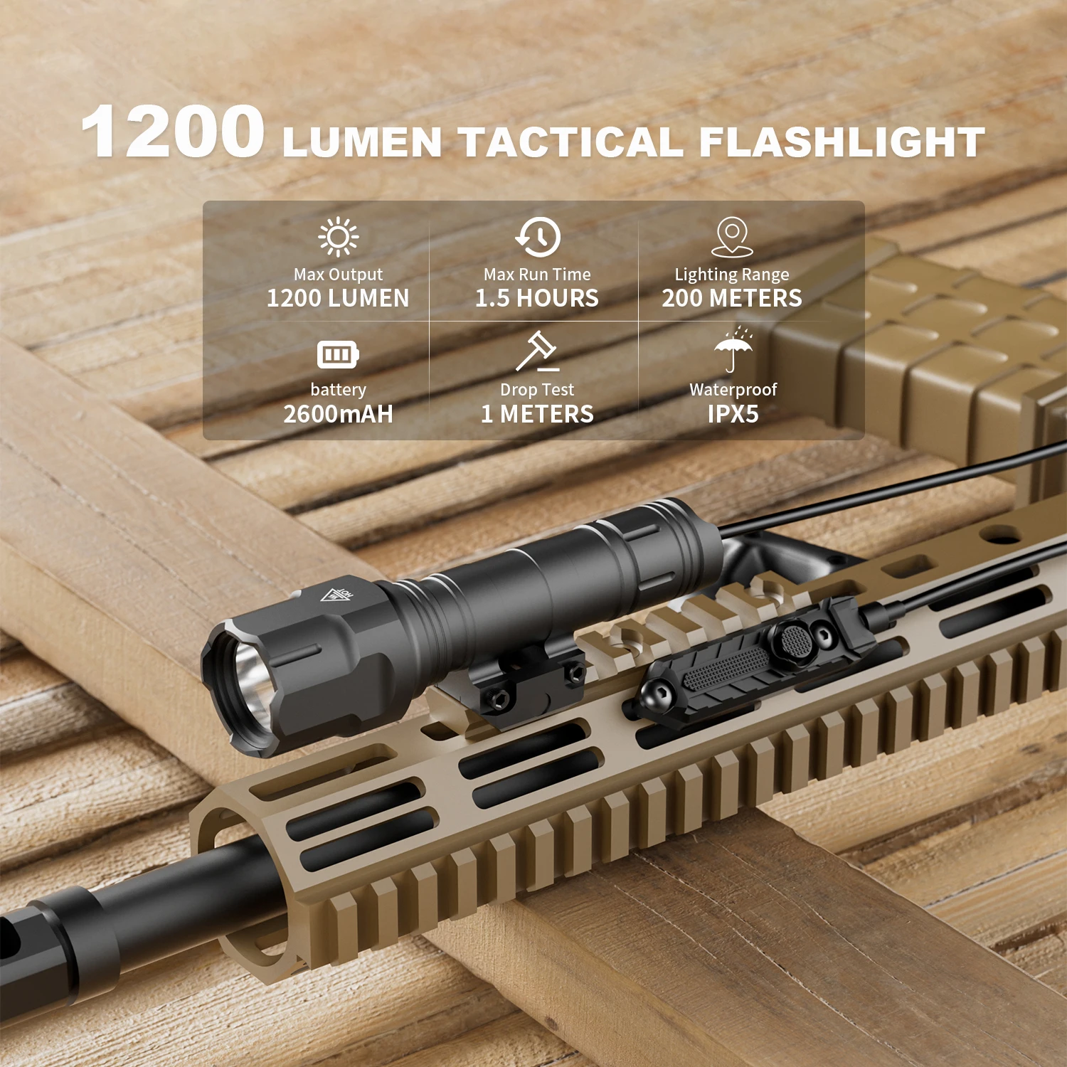 4025 Trilho Picatinny/M-LOK |   Potência Dupla (Recarregável/CR123A) |   IPX5 Resistente à Água e Choques |   com pressostato.