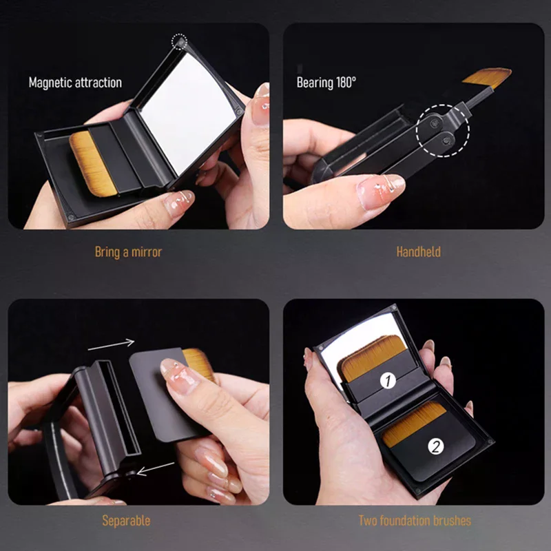 2 قطعة فرشاة كريم أساس مدمجة رفيعة للغاية مع صندوق مرآة يسهل حملها فرشاة ماكياج برأس مسطح لا أثر أدوات ماكياج قابلة للاستبدال