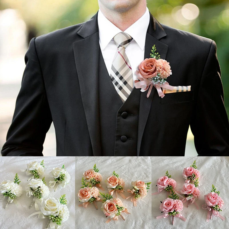 Men Boutonniere Rose Brooches Pins Bride Wedding Wrist Corsage Groom Ceremony Silk Roses Flower Lapel Party Brooch Marriage Pins