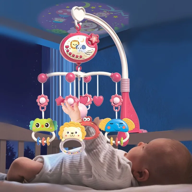 Zabawka do łóżeczka dla noworodka, dzwonek, grzechotka, pilot zdalnego sterowania, projektor świetlny, muzyka, grzechotka przy łóżeczku dla niemowląt, zabawki edukacyjne dla dzieci w wieku 0-1 lat
