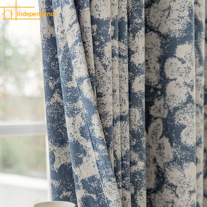 

High Grade Blue Chenille White Oil Painting Jacquard Curtains for Living Room Bedroom Floor Customized Finished Products