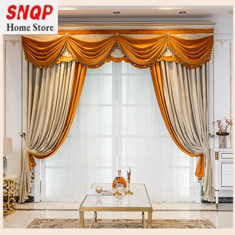 

European Blackout Luxury Curtains for Living Room Bedroom Valance Solid Color Stitching Velvet Quality Elegant Villa Customi