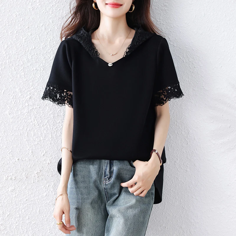 

Fashion Lace Hoodie Women Spring Summer Shirts Pullovers Short Sleeve V-Neck Black Jumper Loose Casual Overalls