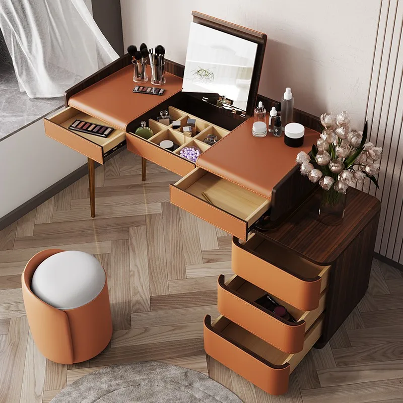 

Brown Drawer Vanity Table European Aesthetic Space Saving Organizer Makeup Vanity Full Set Beauty Coiffeuse Chambre Furniture