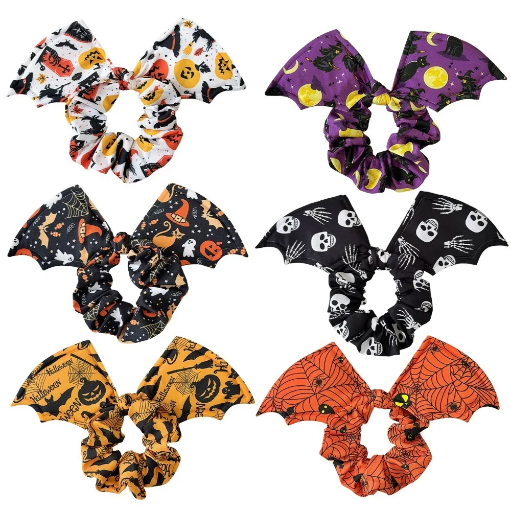 2Pcs Bat Wings Halloween Hair Ties, Pumpkin Ghost Print Scrunchies for Women, Holiday Party Hair Accessories No Damage