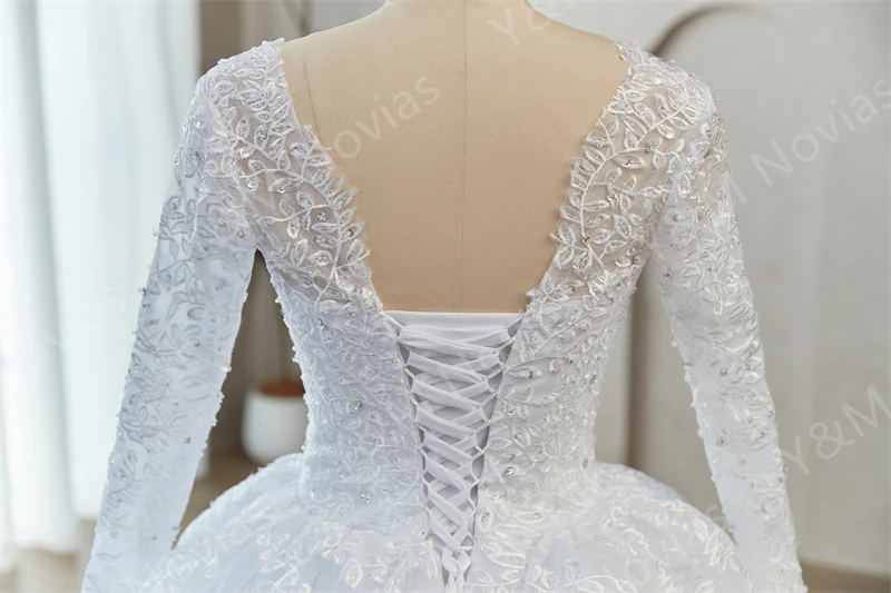 Real Photo 2024 New Bead Crystal White Long Sleeve Lace Bottom Vintage Wedding Dresses For Brides Plus Size Maxi Beautiful Dress