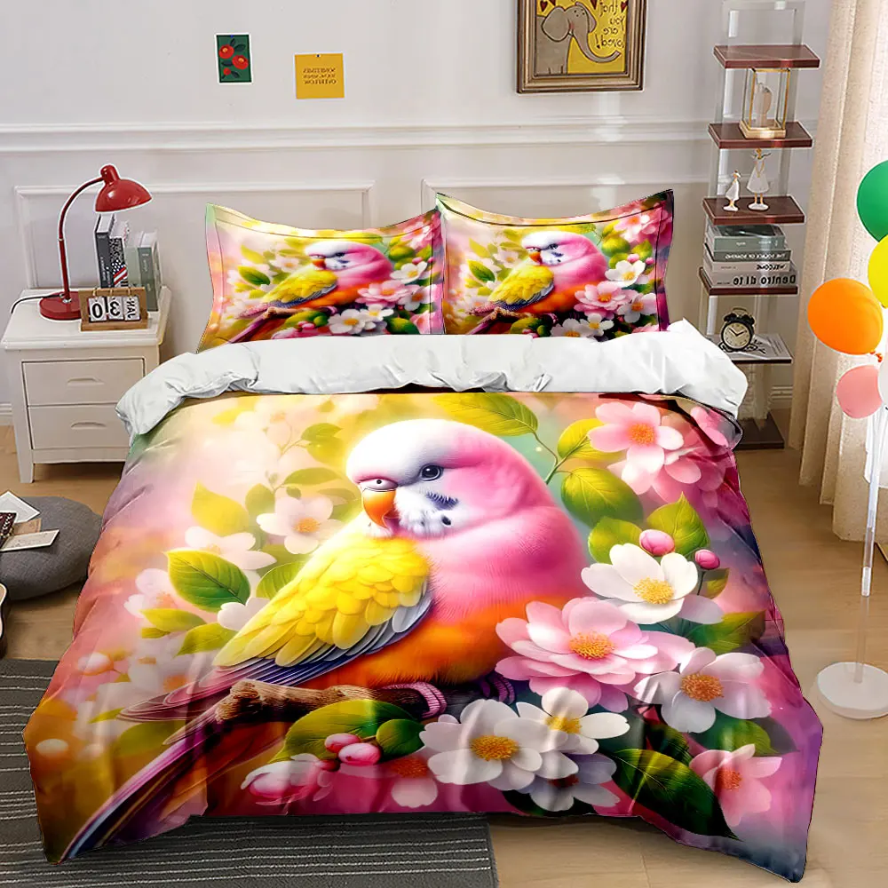 

Colorful Parrot with Pink and White Flowers Print Bedding Set 1 Duvet Cover 2 Pillowcases for Adult and Children Luxury Gift