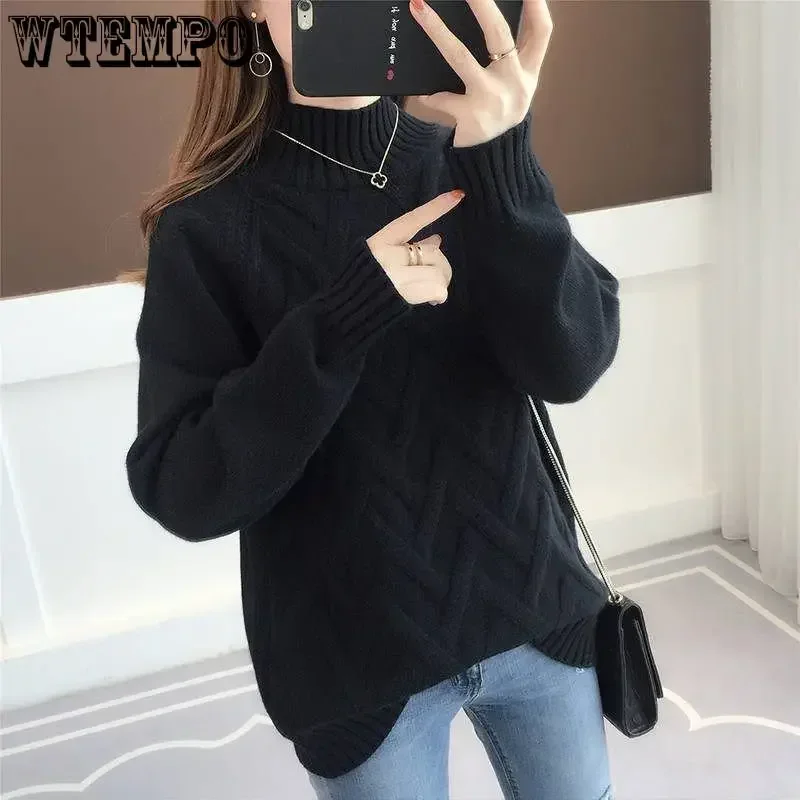 WTEMPO Women Long Sleeve Knitted Sweater Winter Fall Pullover Jumper Casual Loose High Half Neck Soft Comfortable Knitting Tops