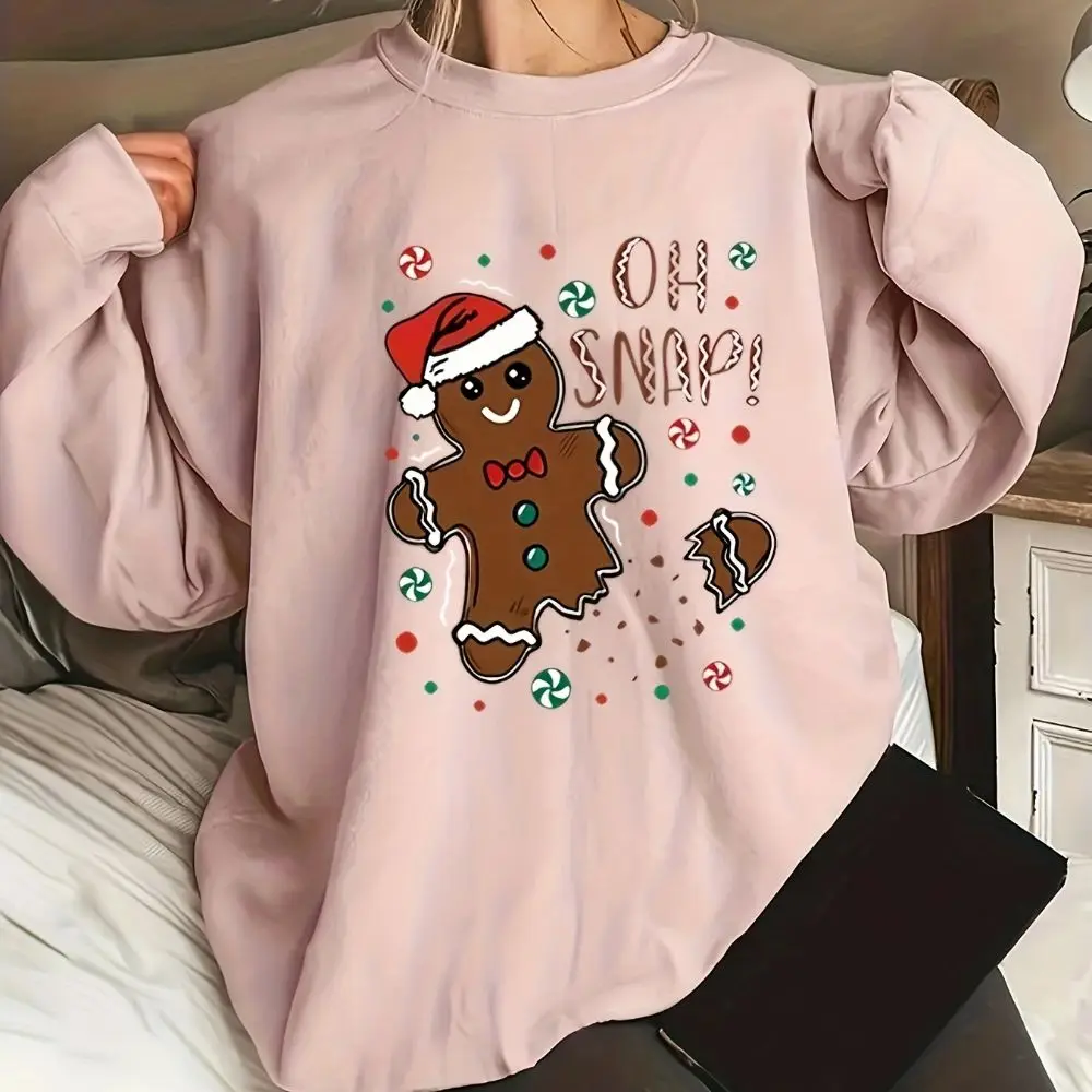 Cute Gingerbread Man Printed Christmas Casual Women\'s Hoodie Suitable For Autumn And Winter Long Sleeved Comfortable O-neck Top