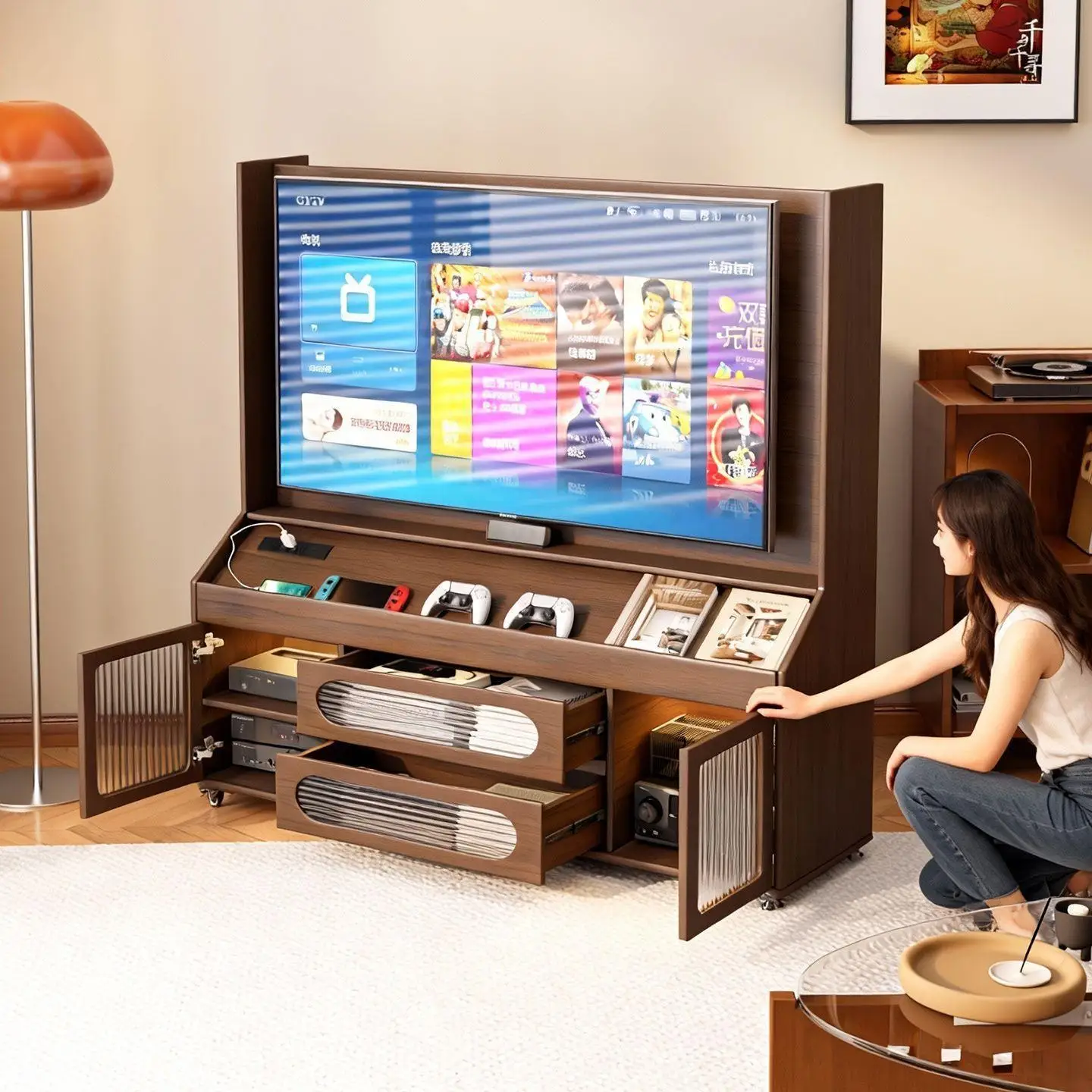 Solid wood TV cabinet movable rubber wood TV stand living room