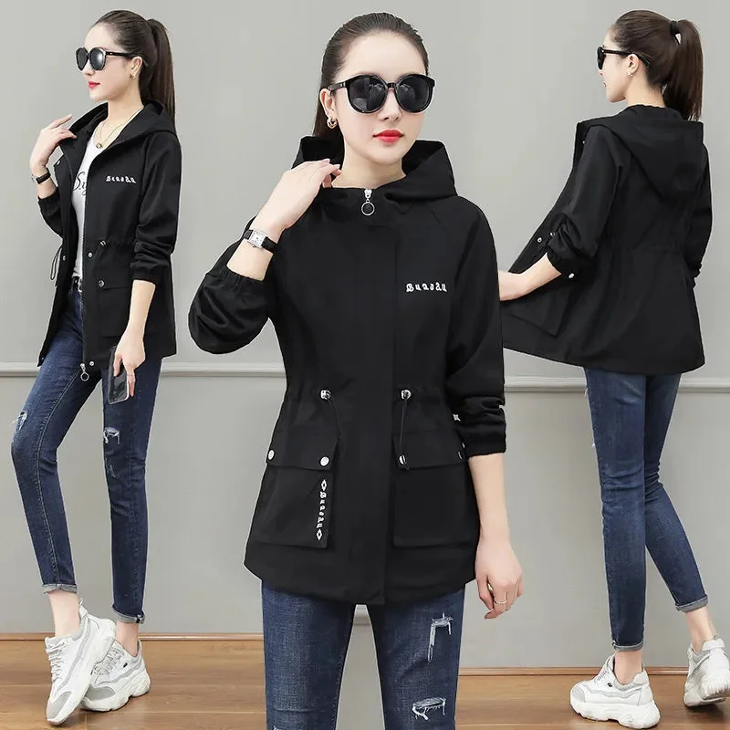 2024 New Women's Jacket Spring Autumn Pocket Zipper Long Sleeve Hooded Outwear Coat Loose Sport Windbreaker Jackets Famale