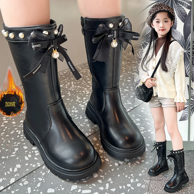 

Autumn Wonter New Kids High Boots Girls Elegant Bow Versatile Soft Pu Leather Princess Shoes Children Fashion Catwalk Boots