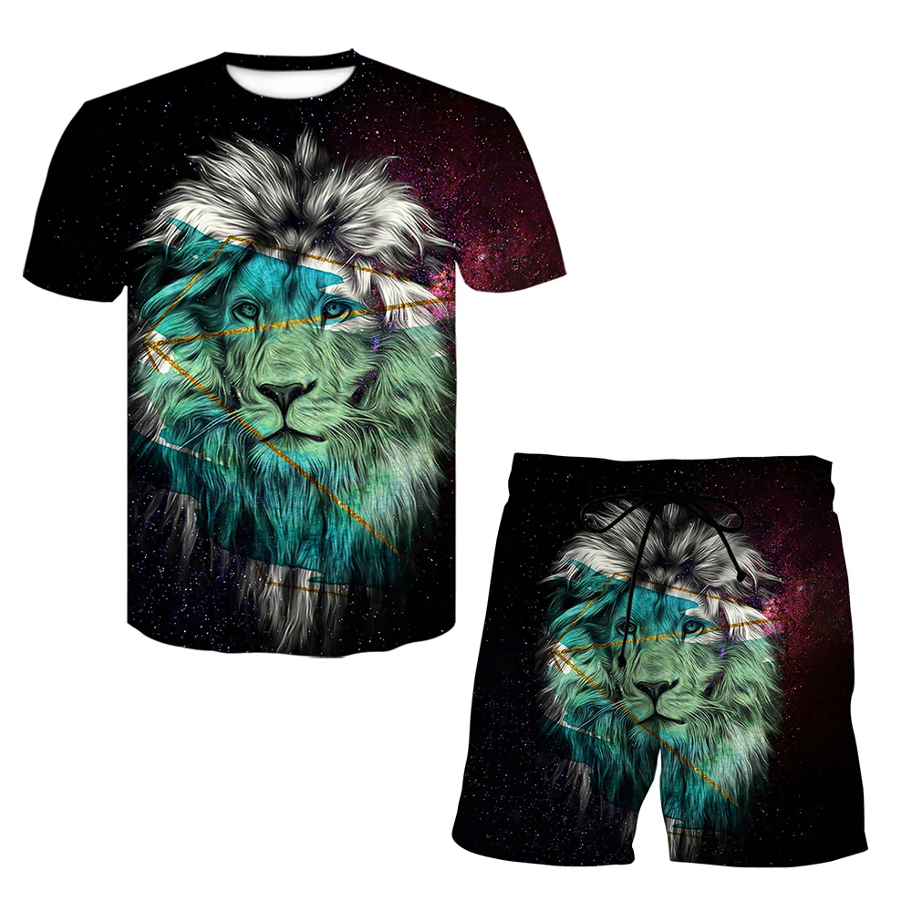 

2022 New Summer Men's Tracksuit Casual Short Sleeve Animal Print Lion 2 Pieces High Quality Essentials Breathable OversizedSet