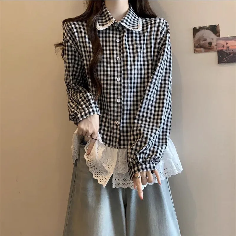 EBAIHUI Frans Kant Patchwork Shirt Dames Pop Kraag Zwart Wit Geruite Top Met Lange Mouwen Eenvoudige Modieuze Dame Kleding